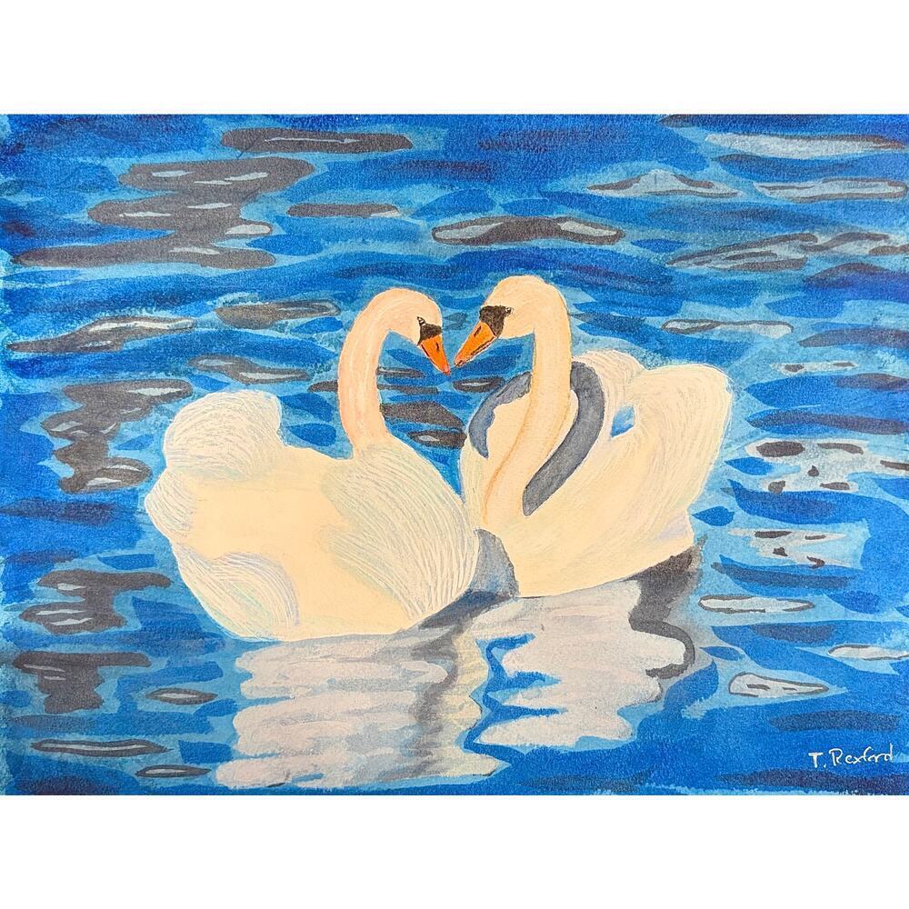 Hand painted watercolor original painting swans on water with ripples